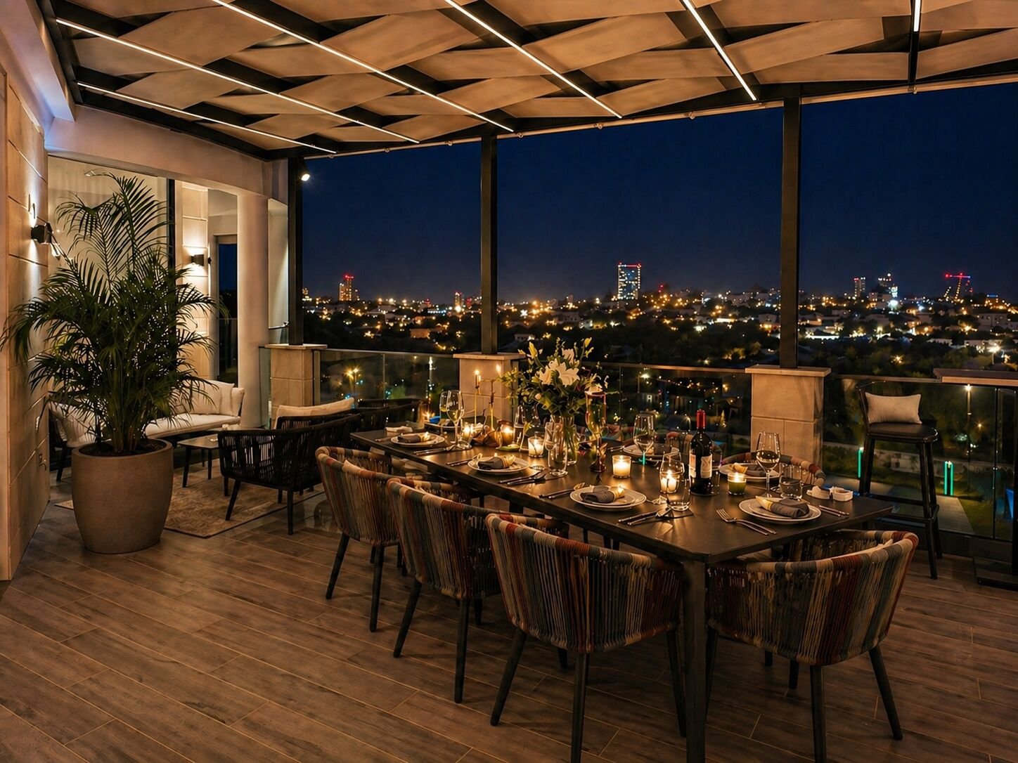 Private dinner on the terrace overlooking Limassol city lights at night